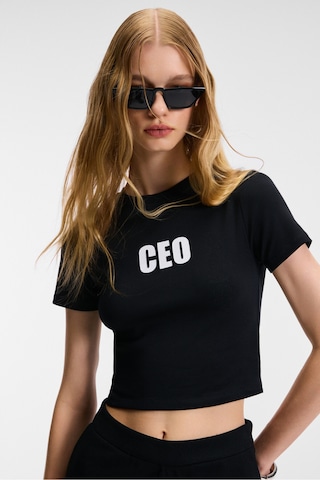 ETHIQUET VE INA Kadın Bisiklet Yaka Kısa Kollu Önü Baskılı Slim Siyah T-Shirt