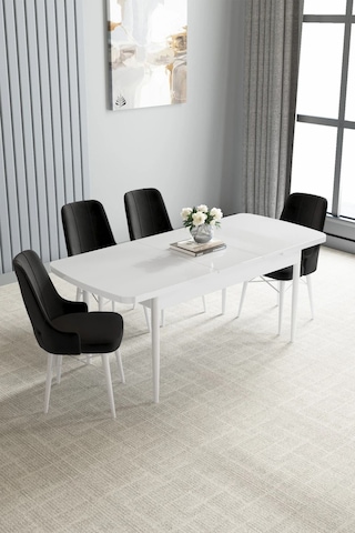 Zümra Serisi, Beyaz 80x132 Açılabilir Mdf Mutfak Masası Takımı 4 Adet Sandalye, Siyah