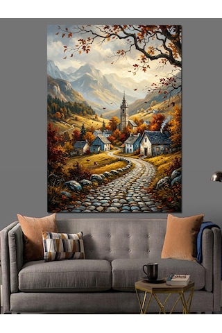 Dağlar Arasında Küçük Köy Yolu Dekoratif Kanvas - Mdf Ahşap Tablo
