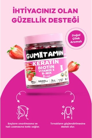 Gumitamin Saç Ve Tırnak Vitamini Gummy, Keratin, Biotin 5000, Folik Asit, Çinko, Vitamin E B12 B5 B6