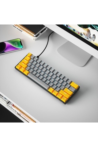 İblancod Black İron Cow K61 Tam Tuşlu Sıcak Değiştirilebilir Şaft Darbesiz Mavi Arka Aydınlatmalı Mekanik Klavye Ayrı Gri-sarı Camgöbeği Şaft