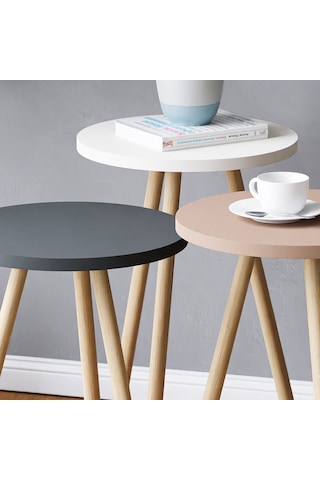 İntergo Renkli Üçlü Ahşap Ayaklı Yuvarlak Pastel Tasarım Zigon Sehpa Beyaz-Cappuccino-Gri