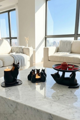 Neşeli Kedi Dostlar Dekoratif Kedi Figürleri Tealight Mumluk Ve Atıştırmalık Tabağı Seti