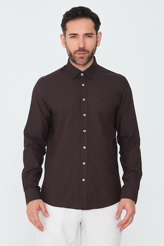 White Stone Kahverengi %100 Pamuk Dynamic Fit Uzun Kollu Gömlek Kahve