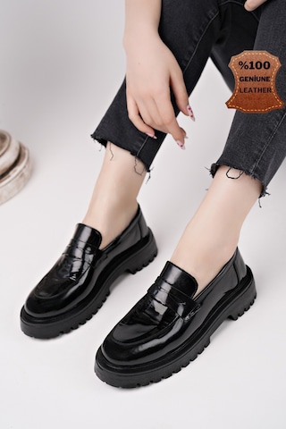 Muggo Paradise Hakiki Deri Kalın Taban Günlük Casual Makosen Kadın Loafer Ayakkabı Siyah Rugan