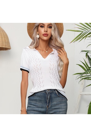Gmxıa Kadın Modası Günlük Düz Renk Baskı Kısa Kollu V Yaka Bluzlar Ve Gömlekler Örme Kısa Kollu Beyaz