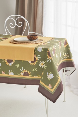 Ays Home Yeşil Ayçiçeği Desen Kumaş Yemek Masası Örtüsü Ve Sarı Runner.