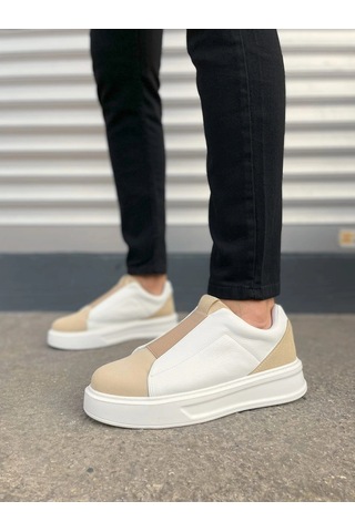 Mevese Torino Erkek Bağcıksız Cilt Günlük Sneaker Ayakkabı Ortopedik Kalın Taban Bej