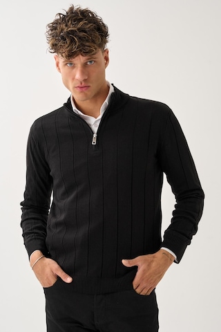 Dikey Dokuma Desenli Fermuarlı Triko Kazak Siyah