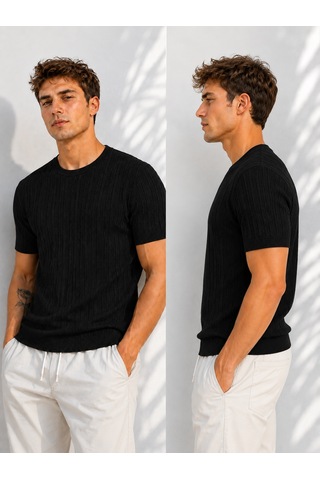 Ribana Erkek Bisiklet Yaka Kısa Kollu Esnek Örme Triko T-shirt 26091 Siyah