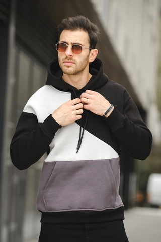 Placide Üç İplik Pamuklu Parçalı Kapüşonlu Erkek Sweatshirt 001