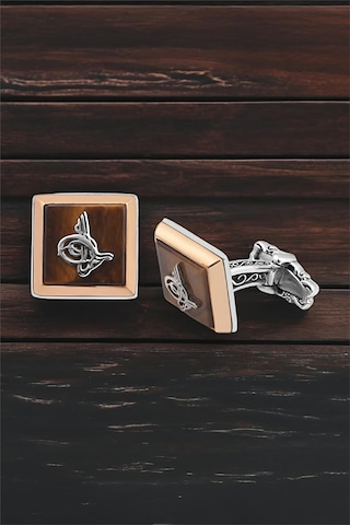 Gümüş Kaplan Gözü Taşlı Osmanlı Tuğralı Kol Düğmesi -5704 Gümüş