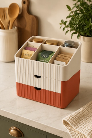 Modern 6 Bölmeli 2 Çekmeceli Masaüstü Organizer Makyaj Ofis Ve Mutfak Düzenleyici Saklama Kutusu Kahverengi - Krem