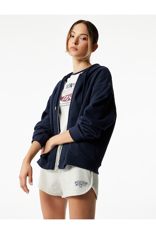Koton Fermuarlı Kapüşonlu Kanguru Cepli Uzun Kollu Şardonlu Oversize Spor Sweatshirt Lacivert 6wak10151nk Lacivert