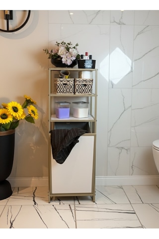 3 Raflı Çamaşır Sepeti Dolabı Metal Gövdeli Banyo Organizeri & Kirli Çamaşır Sepeti Cappucino Bej