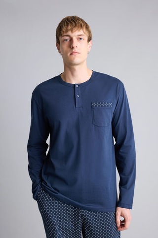Defacto New Regular Fit Henley Yaka Cepli Uzun Kollu 2li Pijama Takımı I2490ax26aunv135 Lacivert-nv135