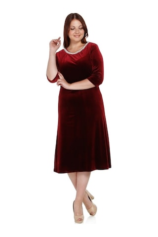 Nidya Moda Büyük Beden Yaka Pilili Elbise-4074B Bordo
