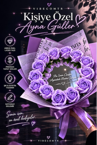 Kişiye Özel Aynalı Gül Buketi Mor Yapay Gül Buketi Notunuz Eklenir Sevgiliye Romantik Hediye -
