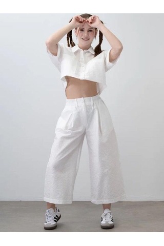 Zekids Kız Çocuk Crop Gömlek Poplin Pantolon Takım-15793 Beyaz