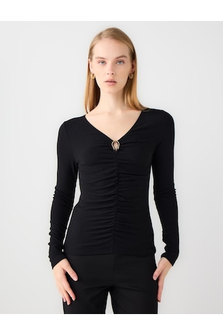Jimmy Key Siyah V Yaka Uzun Kollu Büzgü Detaylı Örme Bluz 6ww038608900