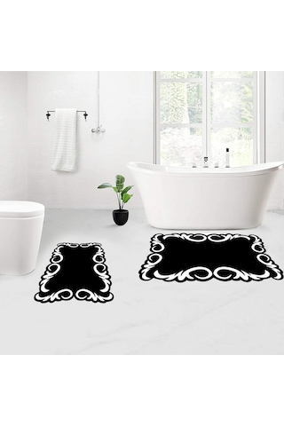 Rovigo Home Baskılı Kaymaz Taban 2 Li Banyo Paspas Takım Rvg5115-100X60-60X50 Siyah