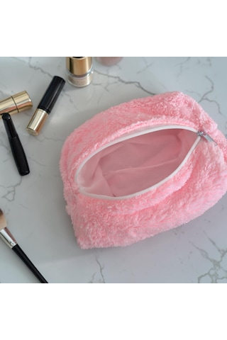 Neon Pembe Peluş Yumuşak Makyaj Çantası Çok Amaçlı Çanta