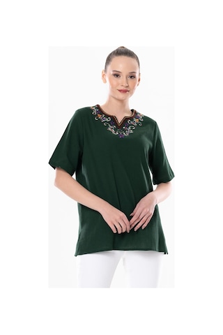 Kısa Kol Şile Bezi Gökkuşağı Nakış Detaylı Yazlık Bluz Yeşil Ysl-yeşil