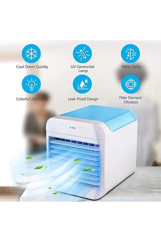 Mini Hava Soğutucu Fan Taşınabilir Klima Sessiz Usb Hava Soğutucu 7 Renkli Led Işık İle Kişisel Klima - Mavi 2413 Renkli