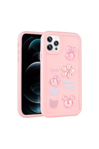 Apple Uyumlu iPhone 12 Pro Max Kılıf Kabartma Figürlü Parlak Zore Toys Silikon Kapak Pembe