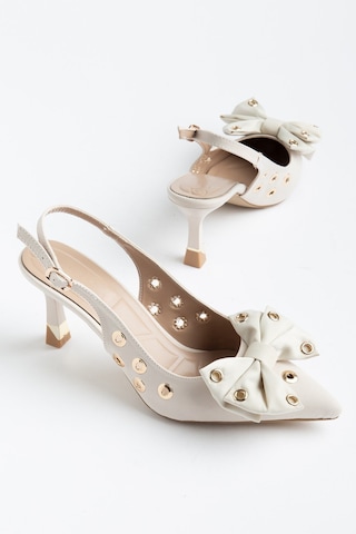 Kadın İnce Topuklu Stiletto Bej Saten Fiyonklu-4691 Bej