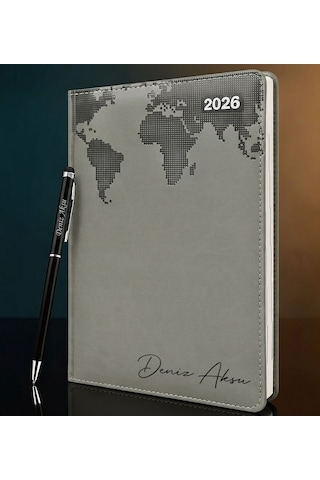 Bk Gift Kişiye Özel İsimli Termo Sert Kapak 2026 Gri Ajanda & Kalem -15, Öğretmenler Günü Hediyesi, Yeni İş Hediyesi 35317 Bk Gift Renkli