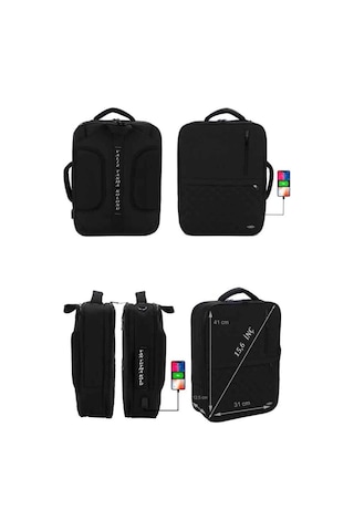 Case Club 1407 Laptop Sırt El Ve Omuz Çantası 15,6 İnç Usb Aparatlı Omuz Askılı Su Geçirmez Kumaş Siyah