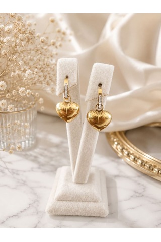 Cm Jewelry Zirkon Taşlı Bombe Kalp Gold Çelik Küpe Altın