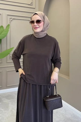 Balenbi Kadın Modal Kumaş Rahat Kalıp Lastikli Bel Etekli Tesettür Takım 1221 - Premium Seri Kahverengi