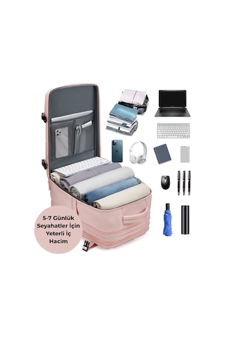 Su Geçirmez 16" İnç 39l Ayakkabı Bölmeli Seyahat Sırt Çantası - Laptop Bölmeli, Usb Şarj Girişli Pembe