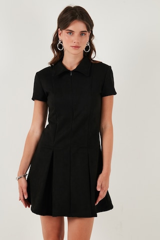 Lela Regular Fit Fermuarlı Polo Yaka Kısa Kollu Pileli Süet Bayan Elbise 5866438 Siyah