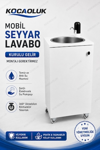 Yeni Yönetmeliğe Uygun Model Seyyar Lavabo Tekerlekli Mobil Lavabo Şarjlı Musluklu 10+10 L Hazneli Kurulu Beyaz