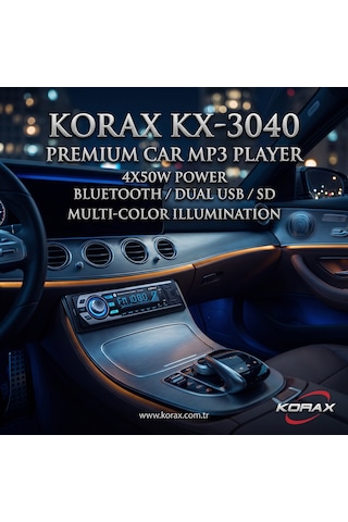 Korax Kx-3040 Bluetooth Çift Usb Girişli Rgb Çok Renkli Oto Teyp 4 X 50 W / Microsd / Aux