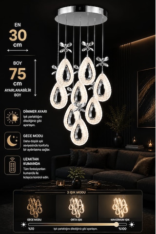 Yagmur 8li Gold Avize 3 Renk Led Isıklı Kumandalı Salon Avize Oturma Odası Avize Gümüş - Krom