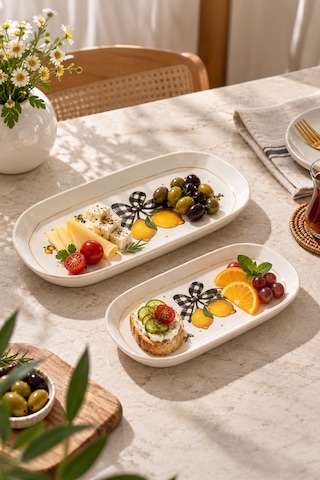 Porsima Lemon Porselen 2li Kayık Tabak Seti - Oval Kahvaltılık Sunumluk Seti Beyaz