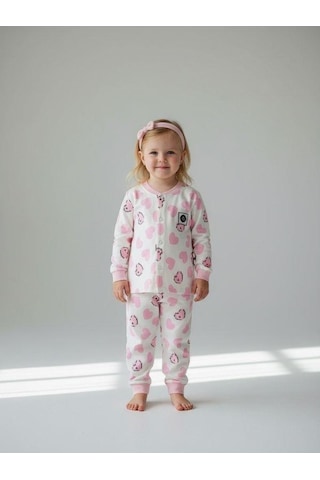 Zekids Kız Bebek Pamuklu Kalp Desenli Pijama Takımı-16850 Pembe