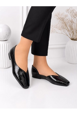 Dabab Shoes Dante Kadın Siyah Kırışık Rugan Kare Burun Düz Taban Günlük Casual Babet Ayakkabı