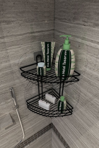 Corelle Kitchen Yapışkanlı 2 Katlı Banyo Köşeliği Köşe Rafı Duş Şampuanlık Duvar Düzenleyici Organizer Raf Siyah