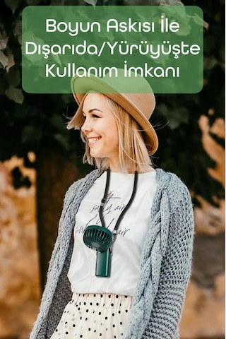 Lcd Ekranlı Şarjlı El Fanı Mini Vantilatör 5 Kademe Sessiz Boyun Askılı Yeşil Fan