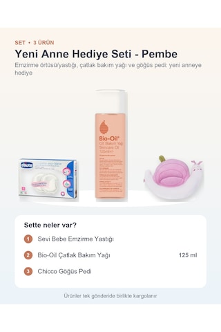 Yeni Anne Hediye Seti 3 Parça: Emzirme Yastığı + Çatlak Bakım Yağı + Göğüs Pedi - Pembe