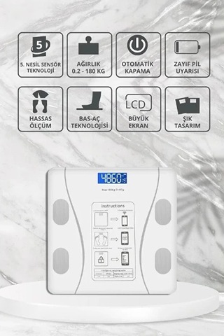 Beyaz Renk Bluetooth Özellikli Akıllı Tartı Çok Renkli