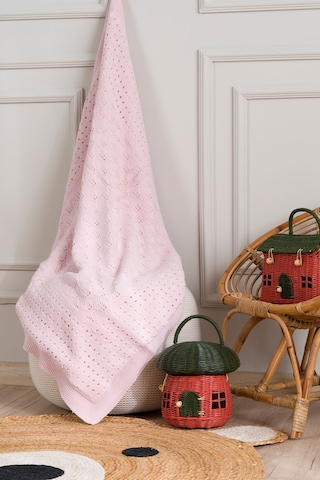 Toffy Toz Pembe Damalı Örgü Bebek Battaniyesi 100x100 Pembe