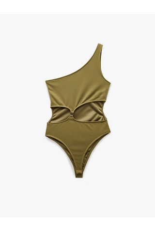 Koton Slim Fit Pencere Detaylı Tek Omuz Bodysuit Haki 5sak10031pk