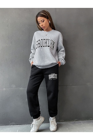 1898 Brooklyn Baskılı Bisiklet Yaka Gri Sweatshirt Ve Siyah Eşofman Altı Eşofman Takımı Gri