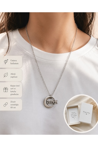 Göktürk Yazı Esintili Ay Yıldız Detaylı Metal Kolye Unisex Zincir Kolye Çok renkli